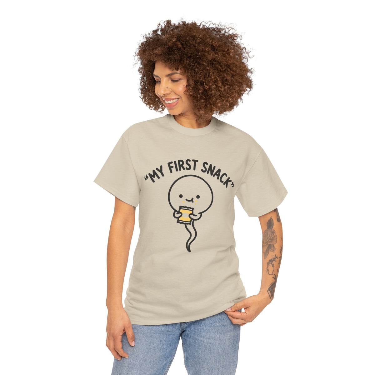 My First Snack Cute Sperm Graphic Tee — Funny Pregnancy Announcement Shirt
