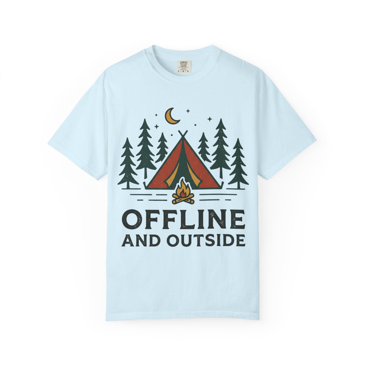 Camping T-Shirt — "Offline and Outside" Tent & Campfire Graphic