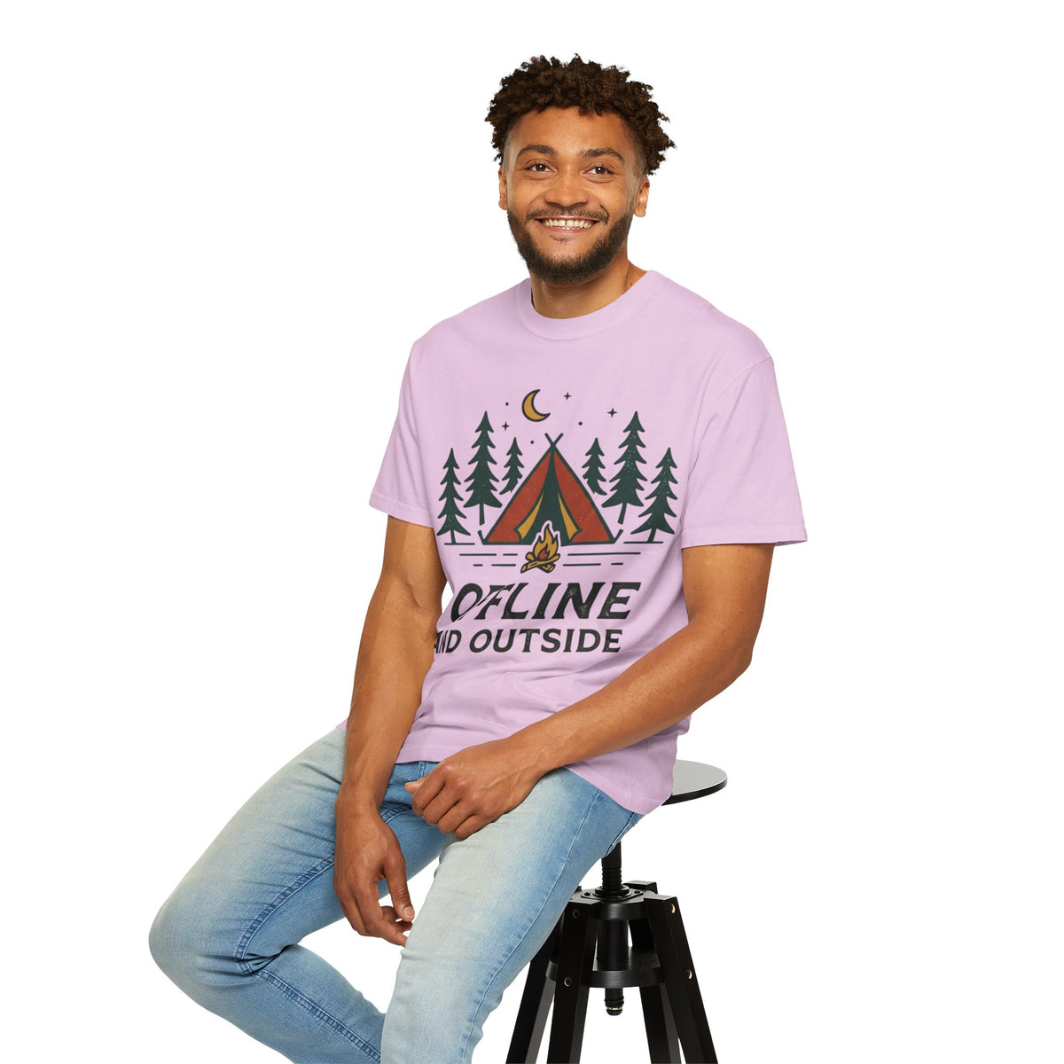 Camping T-Shirt — "Offline and Outside" Tent & Campfire Graphic
