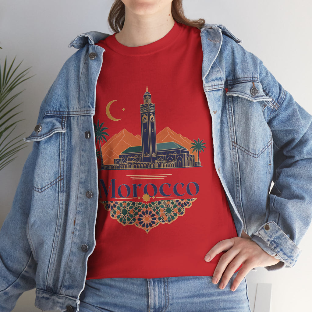 Morocco Travel T-Shirt — Atlas Mountains & Koutoubia Mosque Graphic Tee