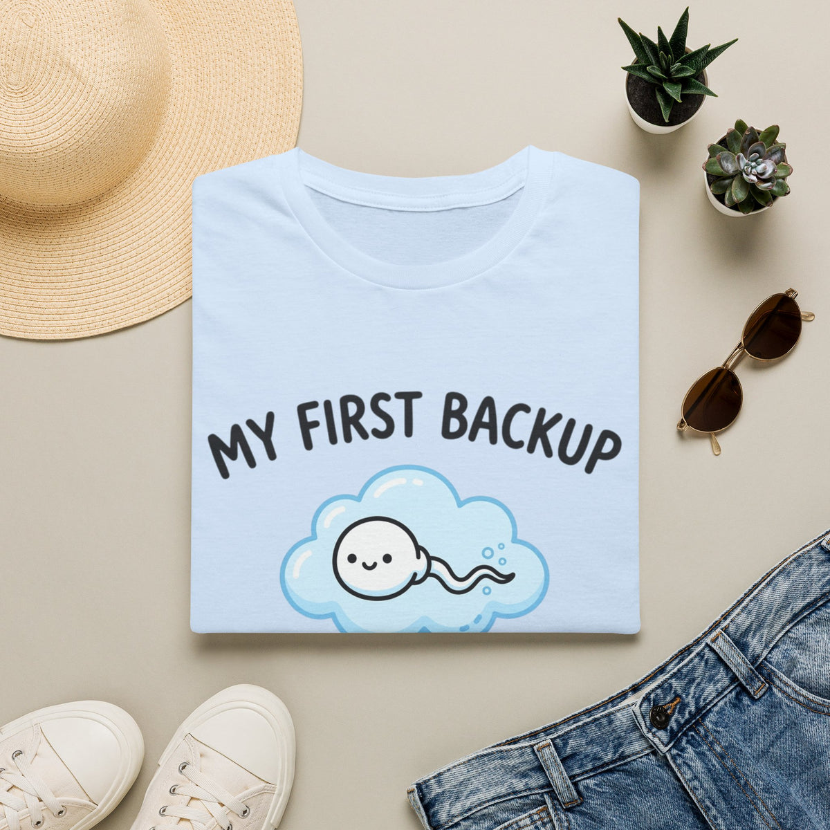 T-Shirt — "My First Backup" Cute Sperm Cloud Graphic Tee | Fertility & IVF Announcement Gift