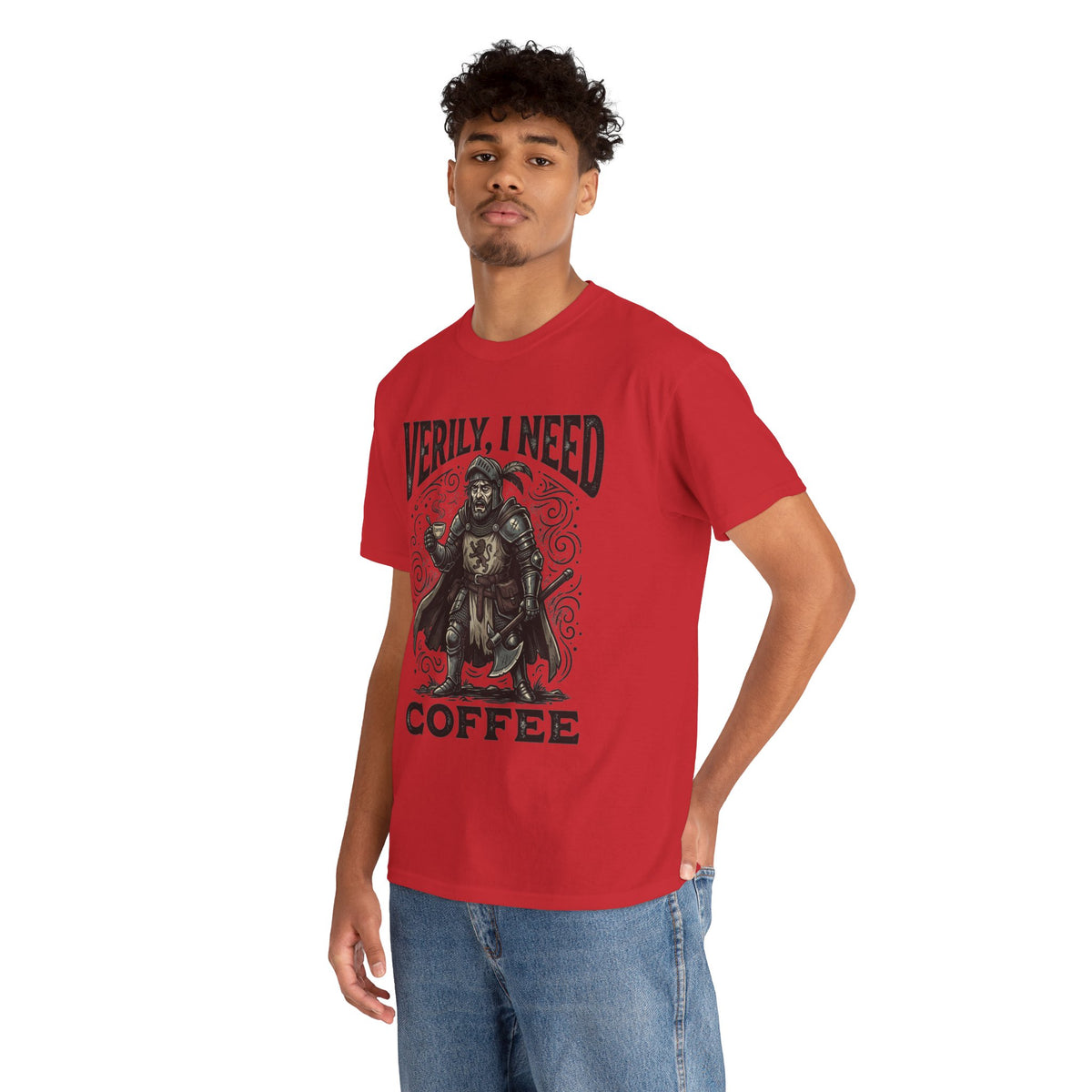 Coffee Viking T‑Shirt — “Verily, I Need Coffee” Medieval Warrior Tee