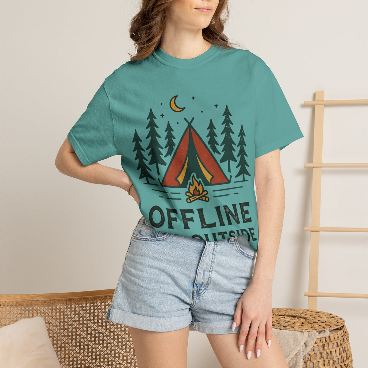 Camping T-Shirt — "Offline and Outside" Tent & Campfire Graphic