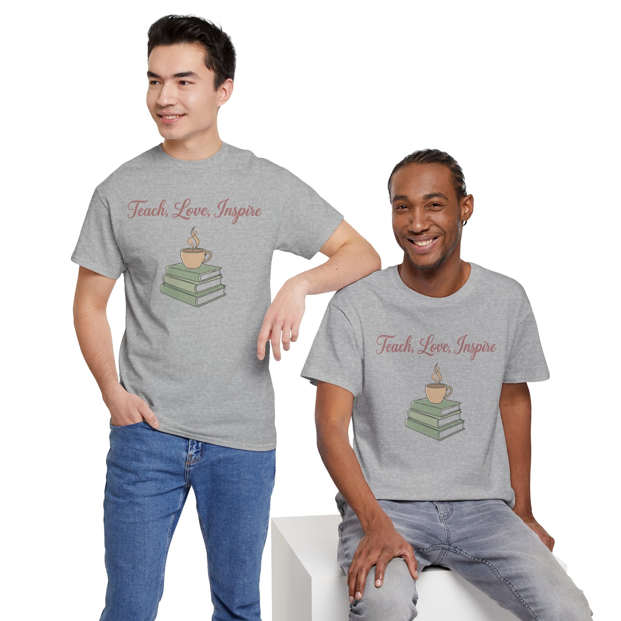 Teacher Tee — "Teach, Love, Inspire" Book & Coffee Graphic T-Shirt