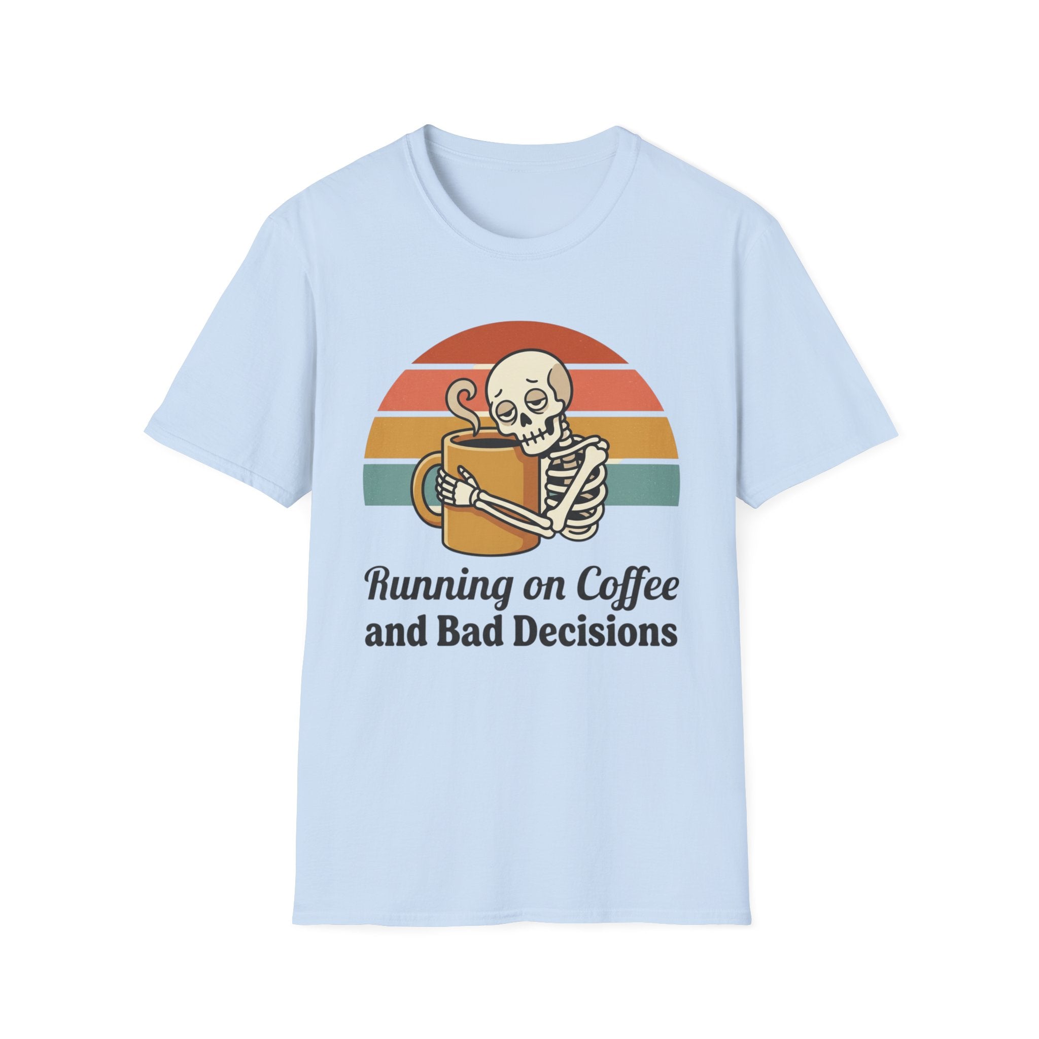 Running on Coffee and Bad Decisions T-Shirt — Retro Skeleton Coffee Tee
