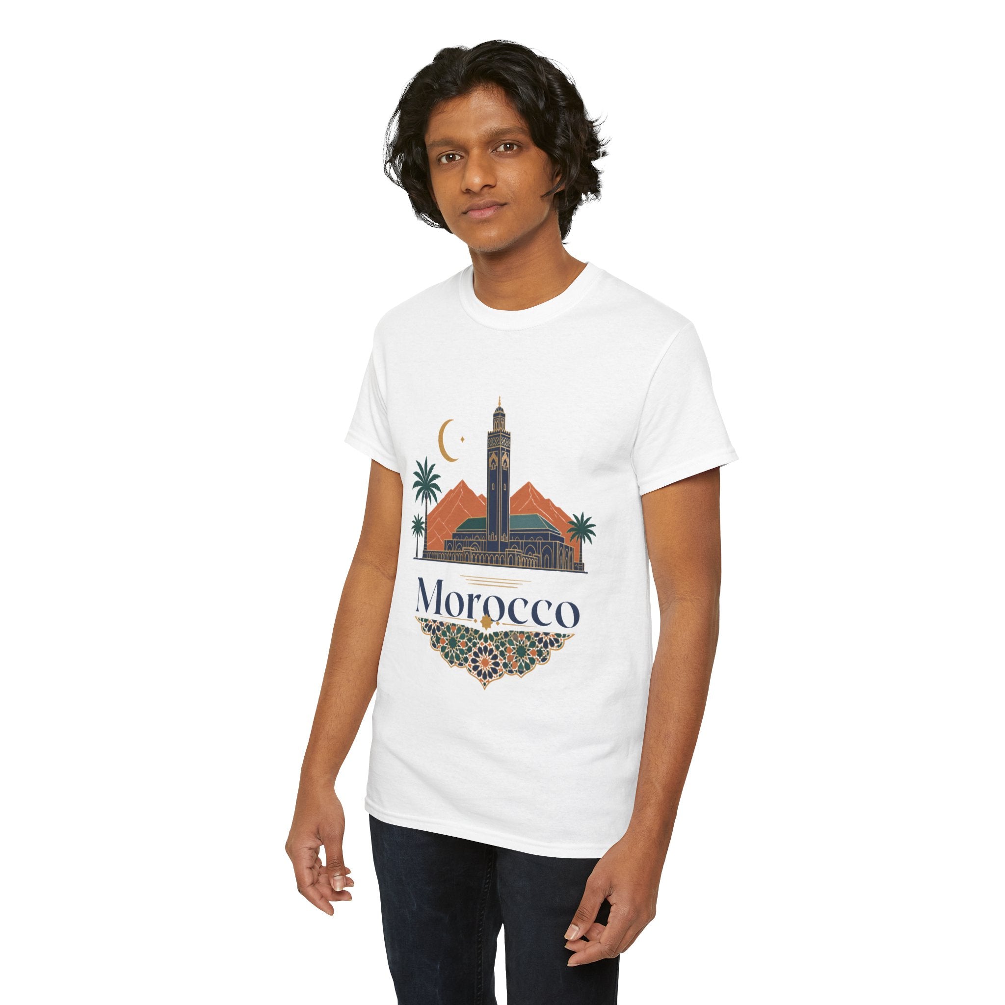 Morocco Travel T-Shirt — Atlas Mountains & Koutoubia Mosque Graphic Tee