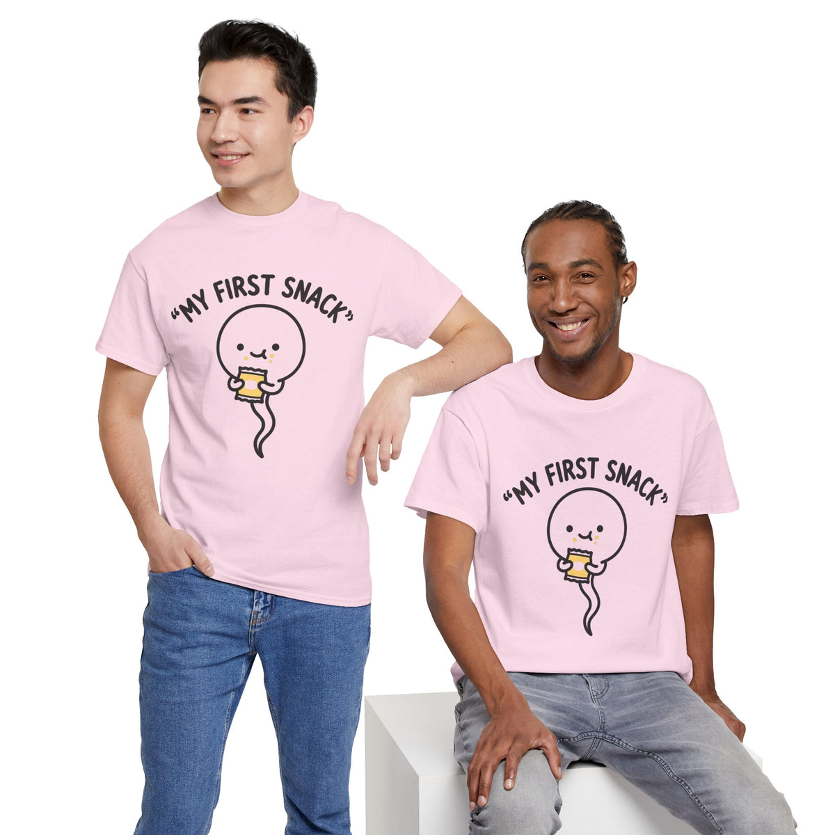 My First Snack Cute Sperm Graphic Tee — Funny Pregnancy Announcement Shirt