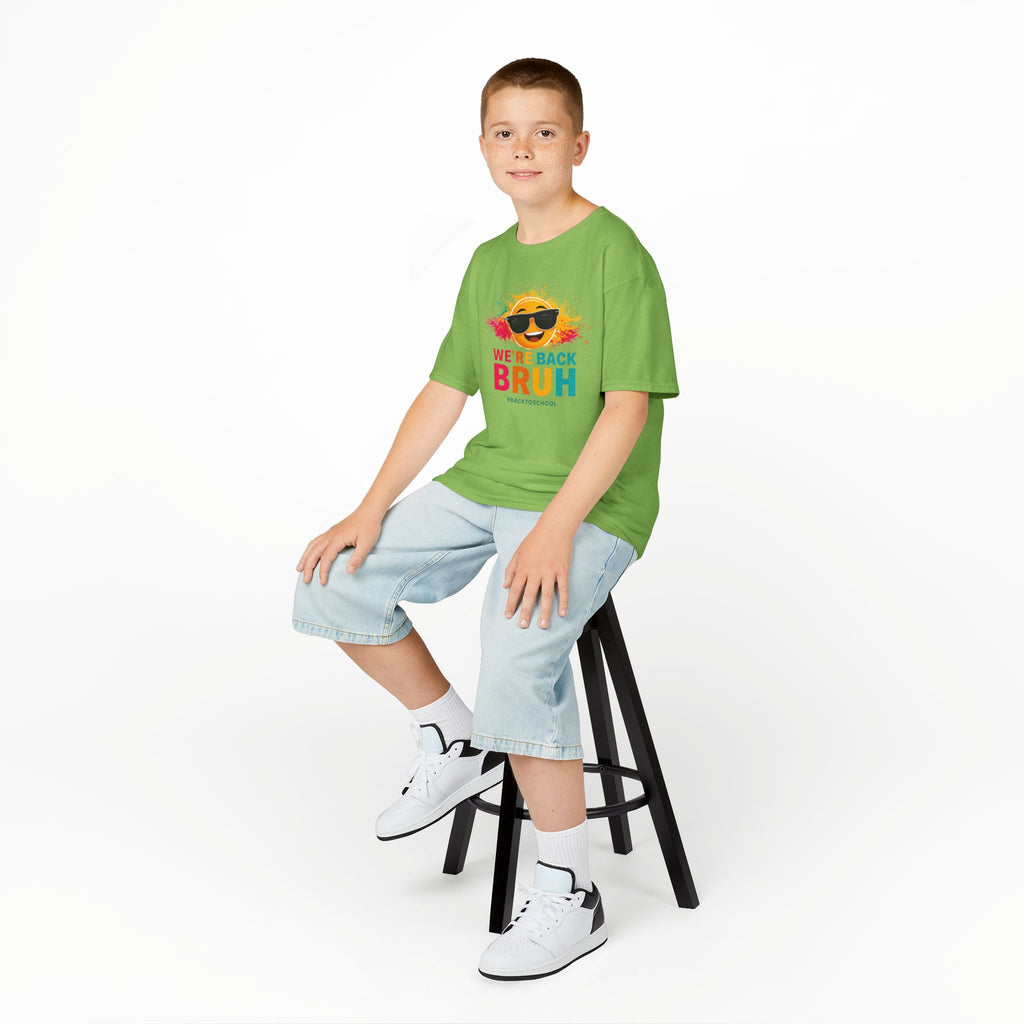 We're Back Bruh Kids Tee — Colorful Sunny Sunglasses Graphic Shirt for Kids