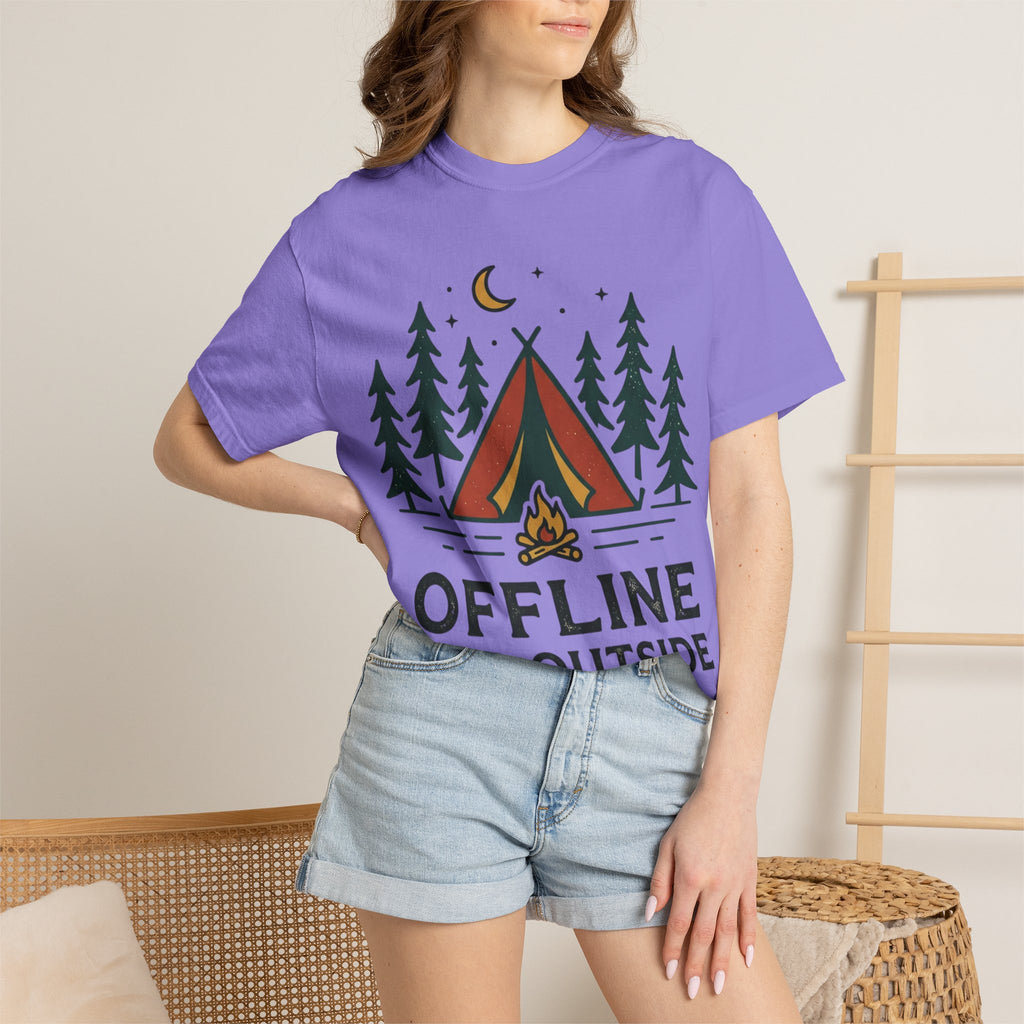 Camping T-Shirt — "Offline and Outside" Tent & Campfire Graphic