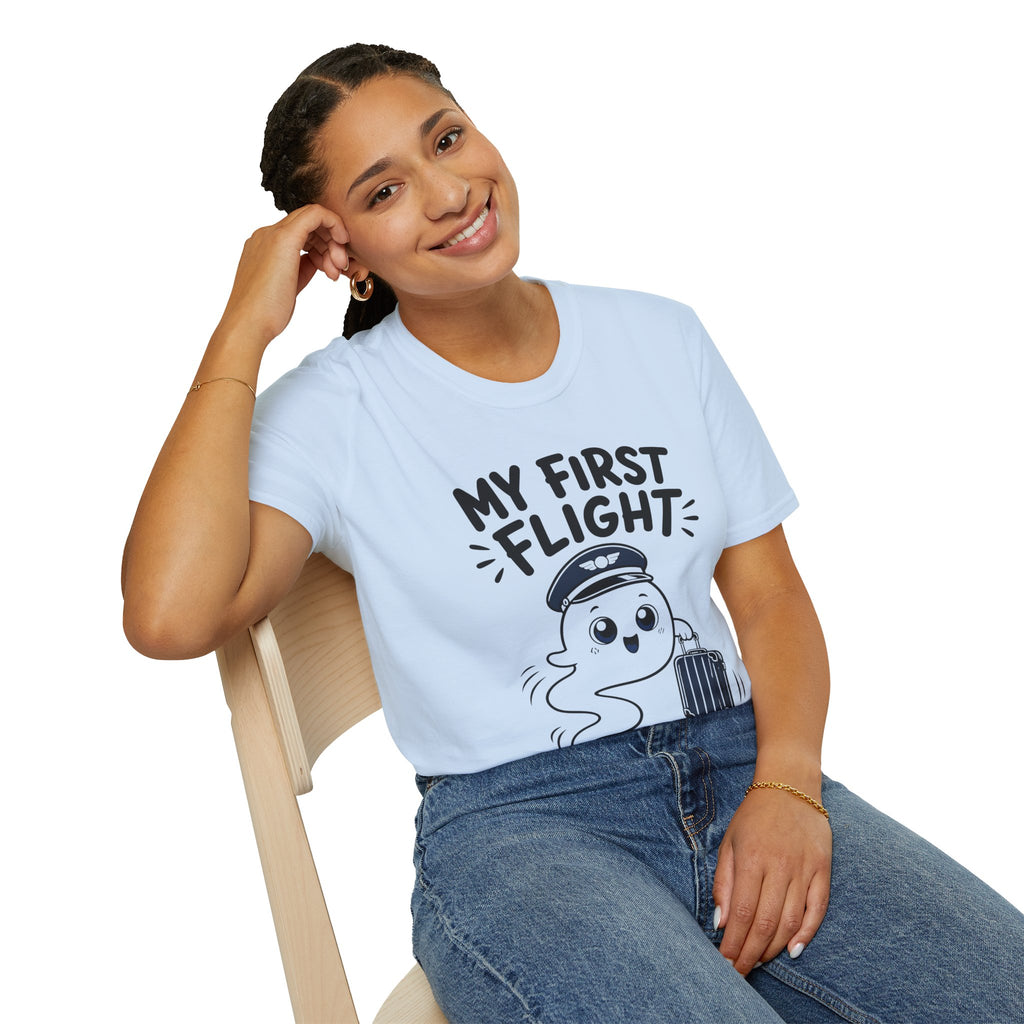 My First Flight T-Shirt — Cute Baby/Infant Travel Tee (Pilot Hat Ghost Design)