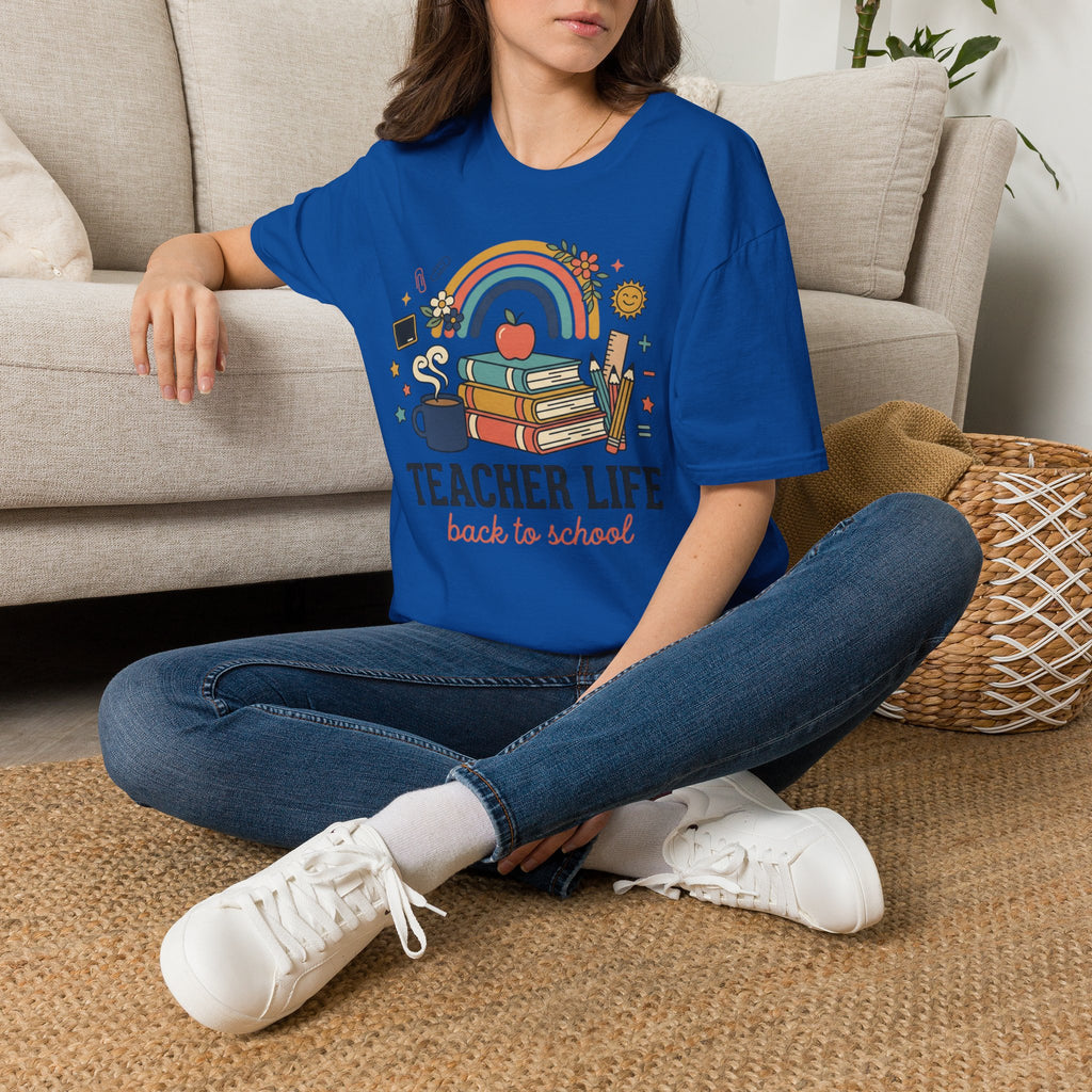 Teacher Life Back to School T-Shirt — Rainbow Books & Apple Graphic