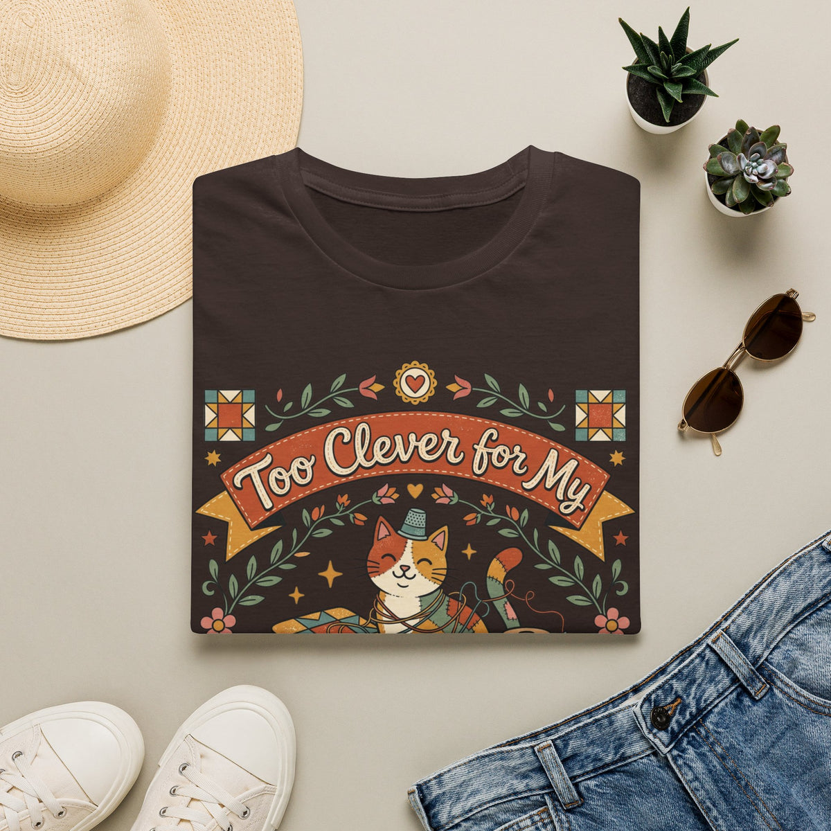 Too Clever for My Own Quilts T-Shirt — Funny Quilting Cat Graphic Tee