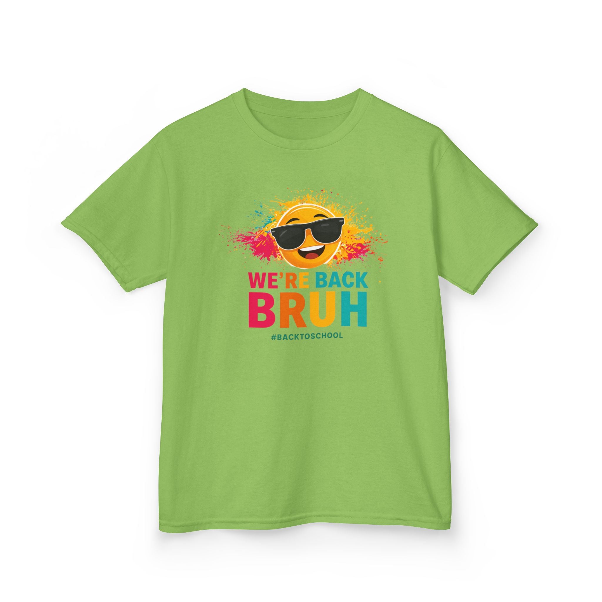 We're Back Bruh Kids Tee — Colorful Sunny Sunglasses Graphic Shirt for Kids