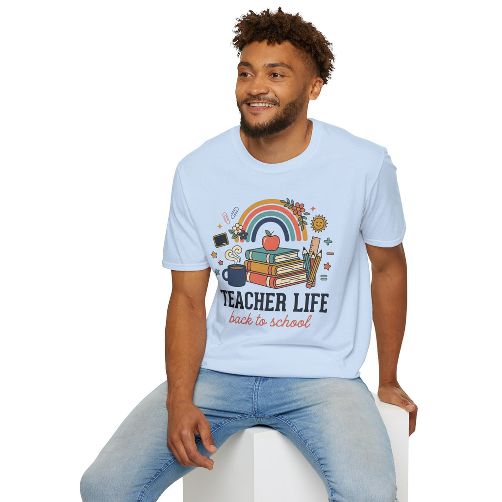 Teacher Life Back to School T-Shirt — Rainbow Books & Apple Graphic