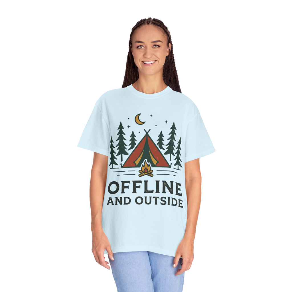 Camping T-Shirt — "Offline and Outside" Tent & Campfire Graphic