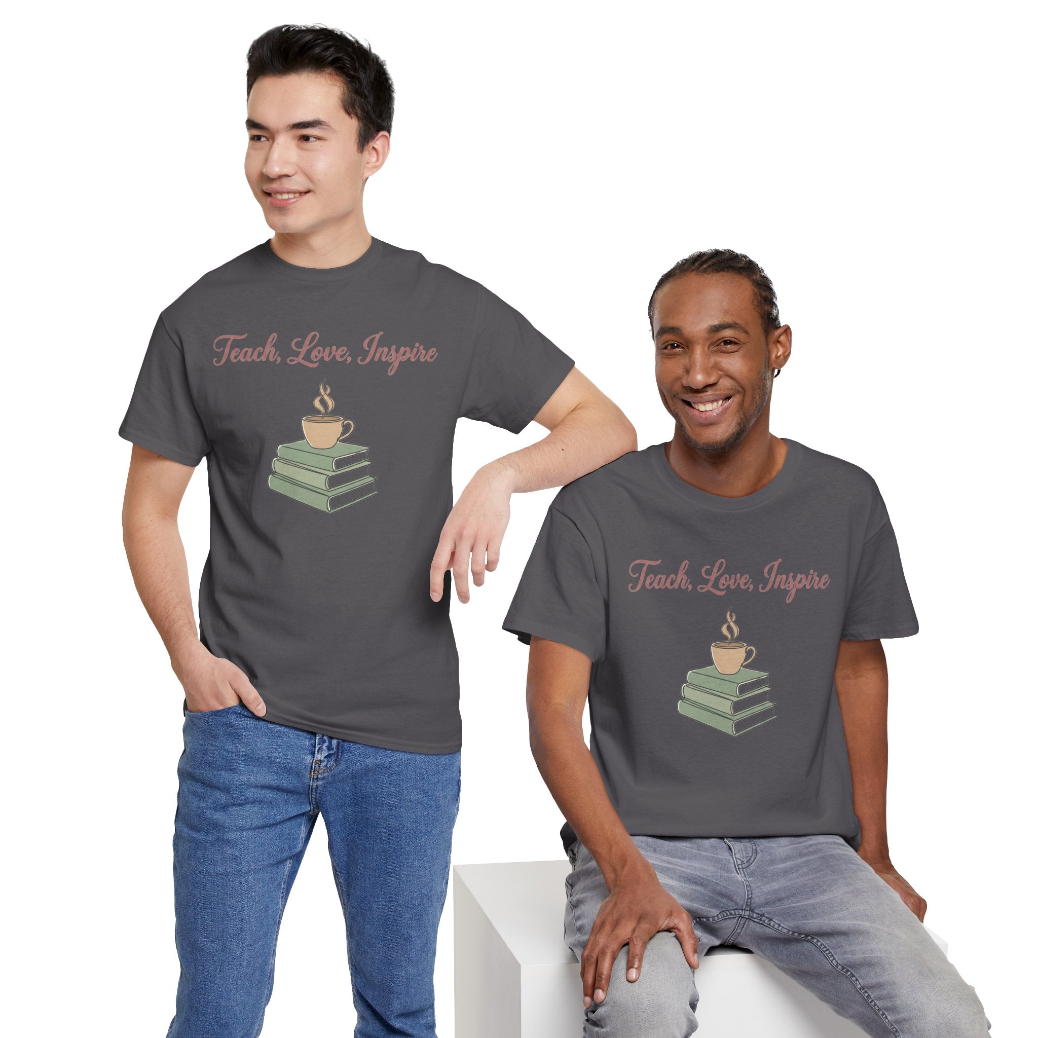 Teacher Tee — "Teach, Love, Inspire" Book & Coffee Graphic T-Shirt