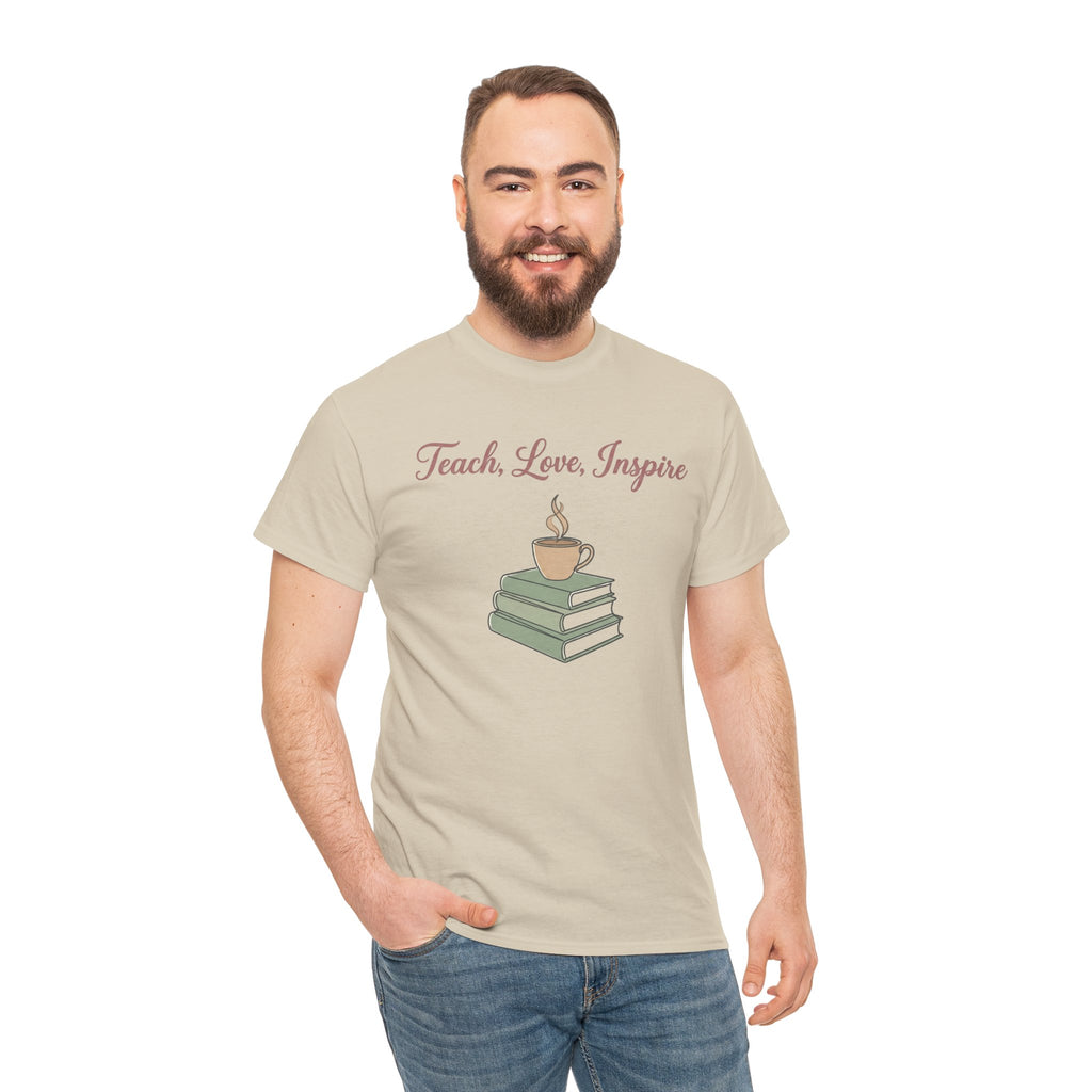 Teacher Tee — "Teach, Love, Inspire" Book & Coffee Graphic T-Shirt